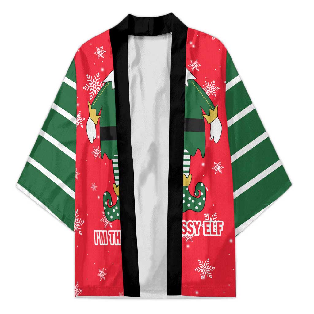 Bossy Elf Christmas Kimono with Snowflakes and Striped Sleeves - Wonder Print Shop