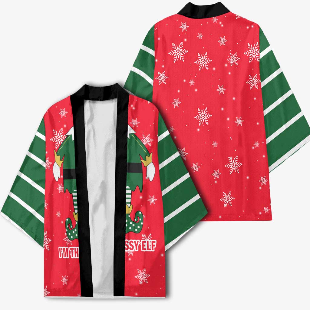 Bossy Elf Christmas Kimono with Snowflakes and Striped Sleeves - Wonder Print Shop