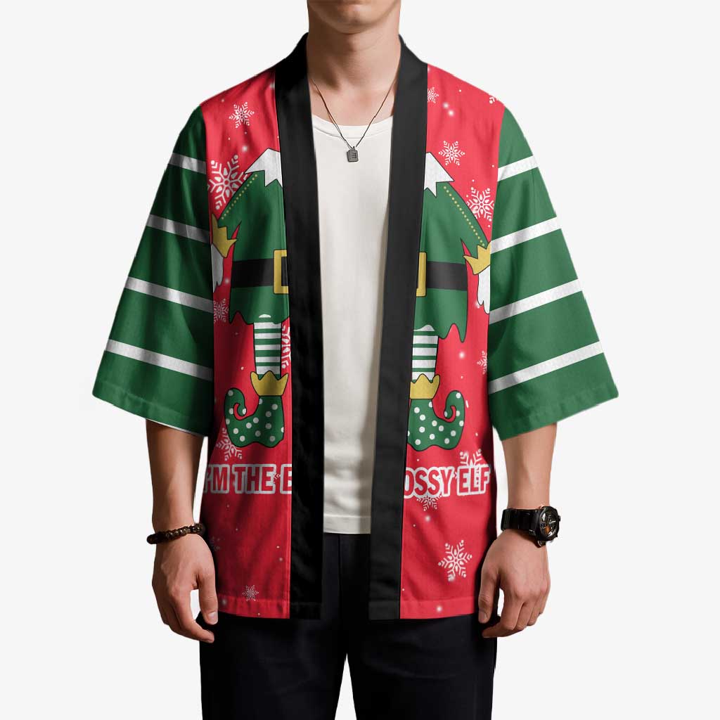 Bossy Elf Christmas Kimono with Snowflakes and Striped Sleeves - Wonder Print Shop