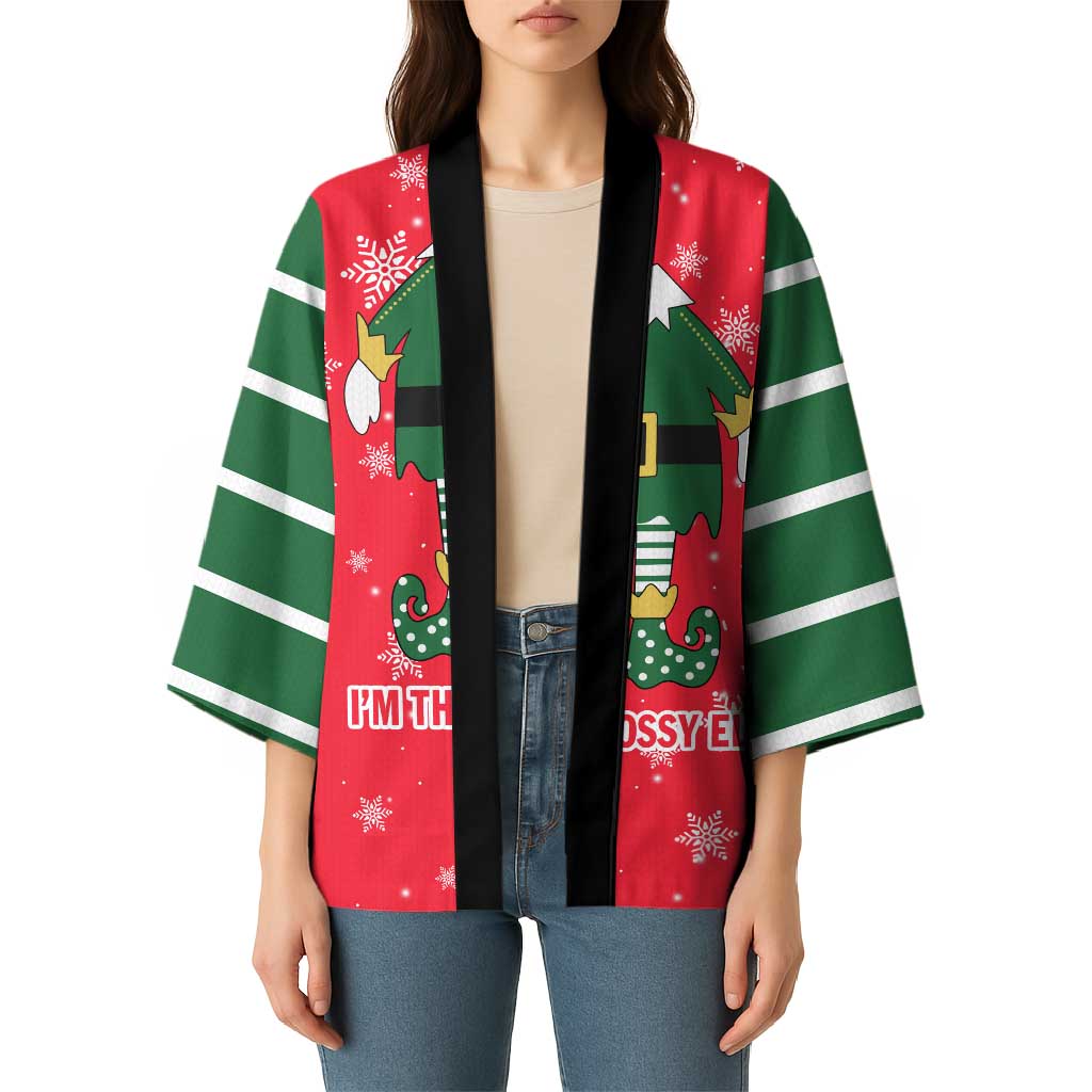 Bossy Elf Christmas Kimono with Snowflakes and Striped Sleeves - Wonder Print Shop