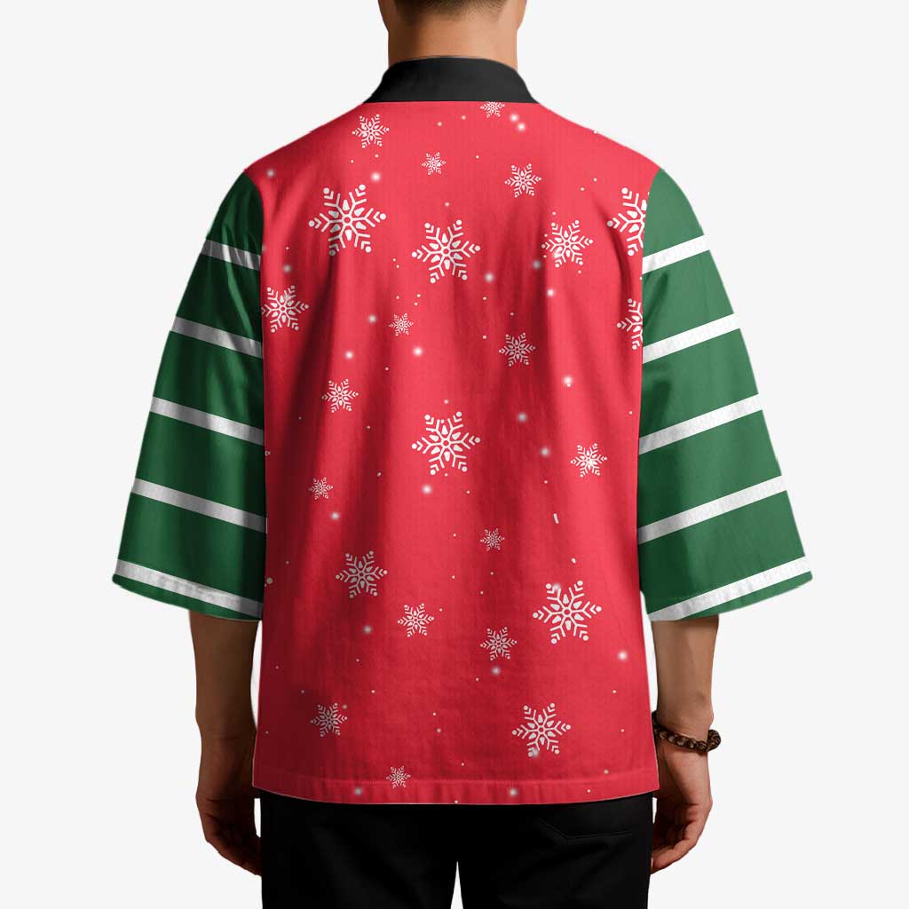 Bossy Elf Christmas Kimono with Snowflakes and Striped Sleeves - Wonder Print Shop