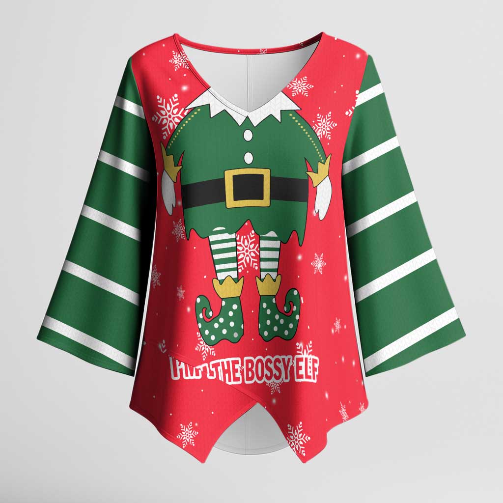 Bossy Elf Christmas Kimono Sleeve Blouse with Snowflakes and Striped Sleeves - Wonder Print Shop