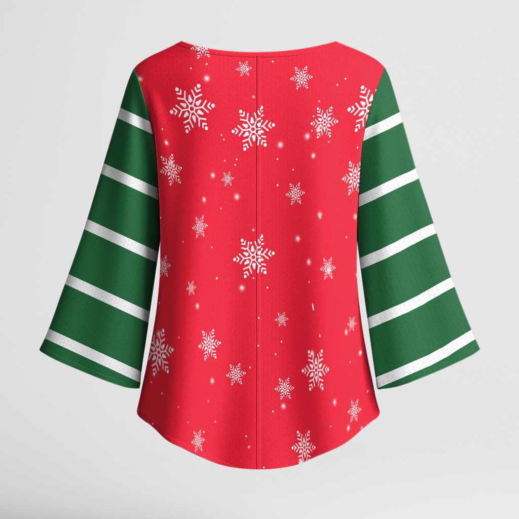 Bossy Elf Christmas Kimono Sleeve Blouse with Snowflakes and Striped Sleeves - Wonder Print Shop