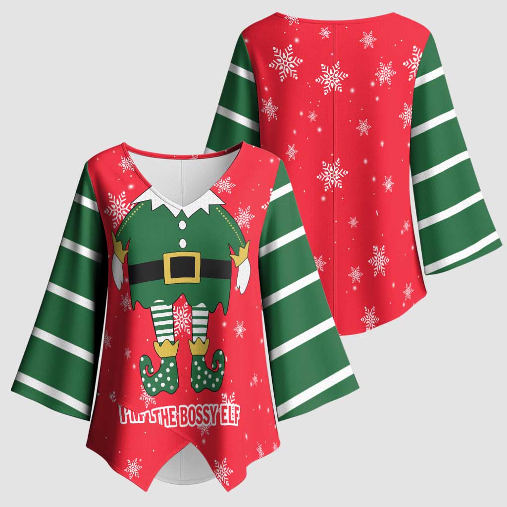 Bossy Elf Christmas Kimono Sleeve Blouse with Snowflakes and Striped Sleeves - Wonder Print Shop