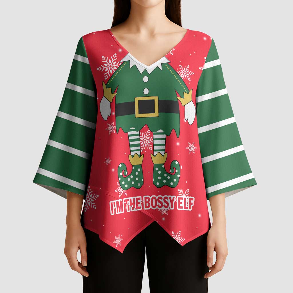 Bossy Elf Christmas Kimono Sleeve Blouse with Snowflakes and Striped Sleeves - Wonder Print Shop