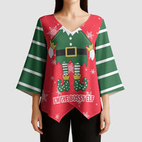 Bossy Elf Christmas Kimono Sleeve Blouse with Snowflakes and Striped Sleeves - Wonder Print Shop
