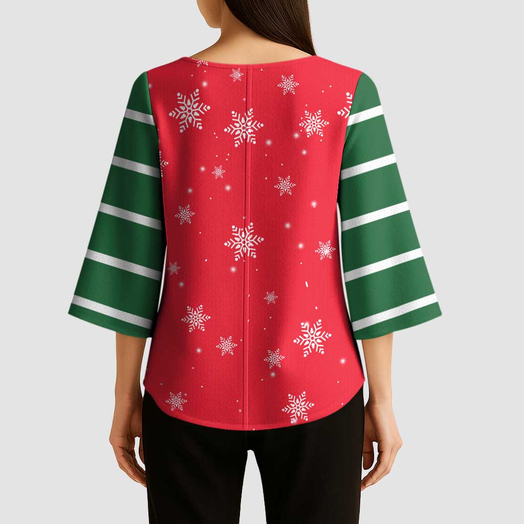 Bossy Elf Christmas Kimono Sleeve Blouse with Snowflakes and Striped Sleeves - Wonder Print Shop