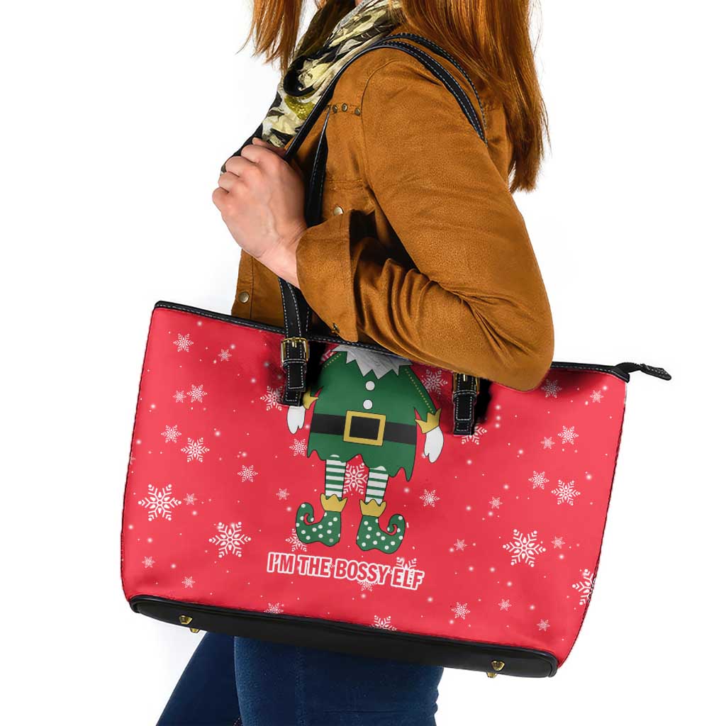 Bossy Elf Christmas Leather Tote Bag with Snowflakes and Striped Sleeves - Wonder Print Shop