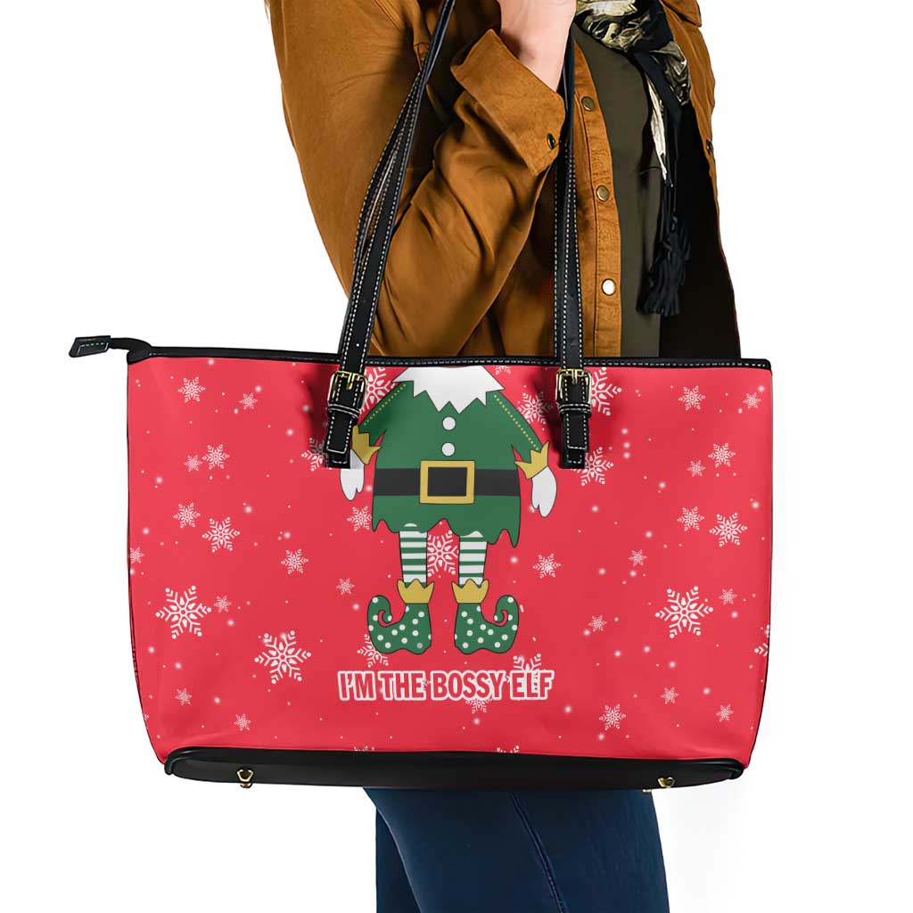 Bossy Elf Christmas Leather Tote Bag with Snowflakes and Striped Sleeves - Wonder Print Shop