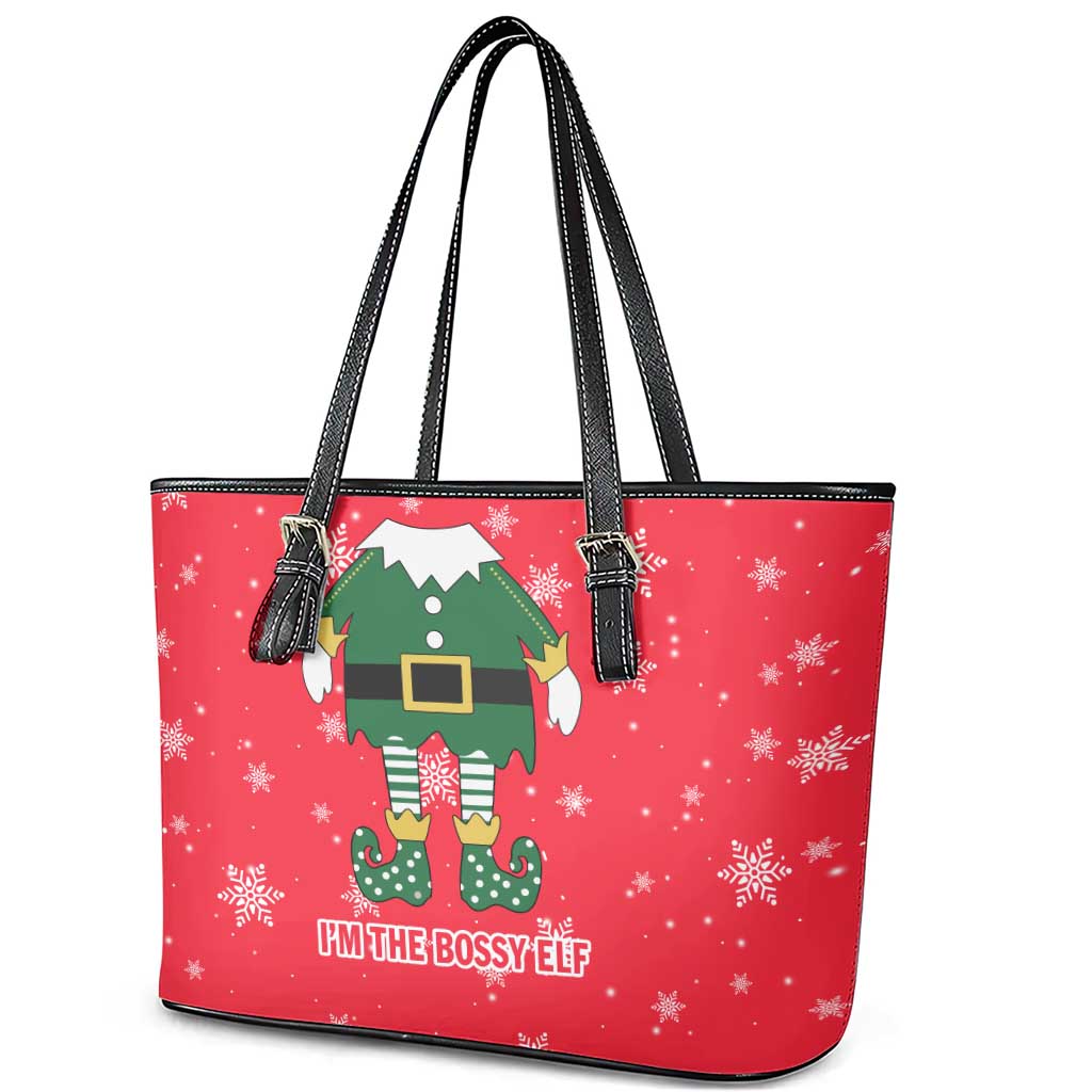 Bossy Elf Christmas Leather Tote Bag with Snowflakes and Striped Sleeves - Wonder Print Shop