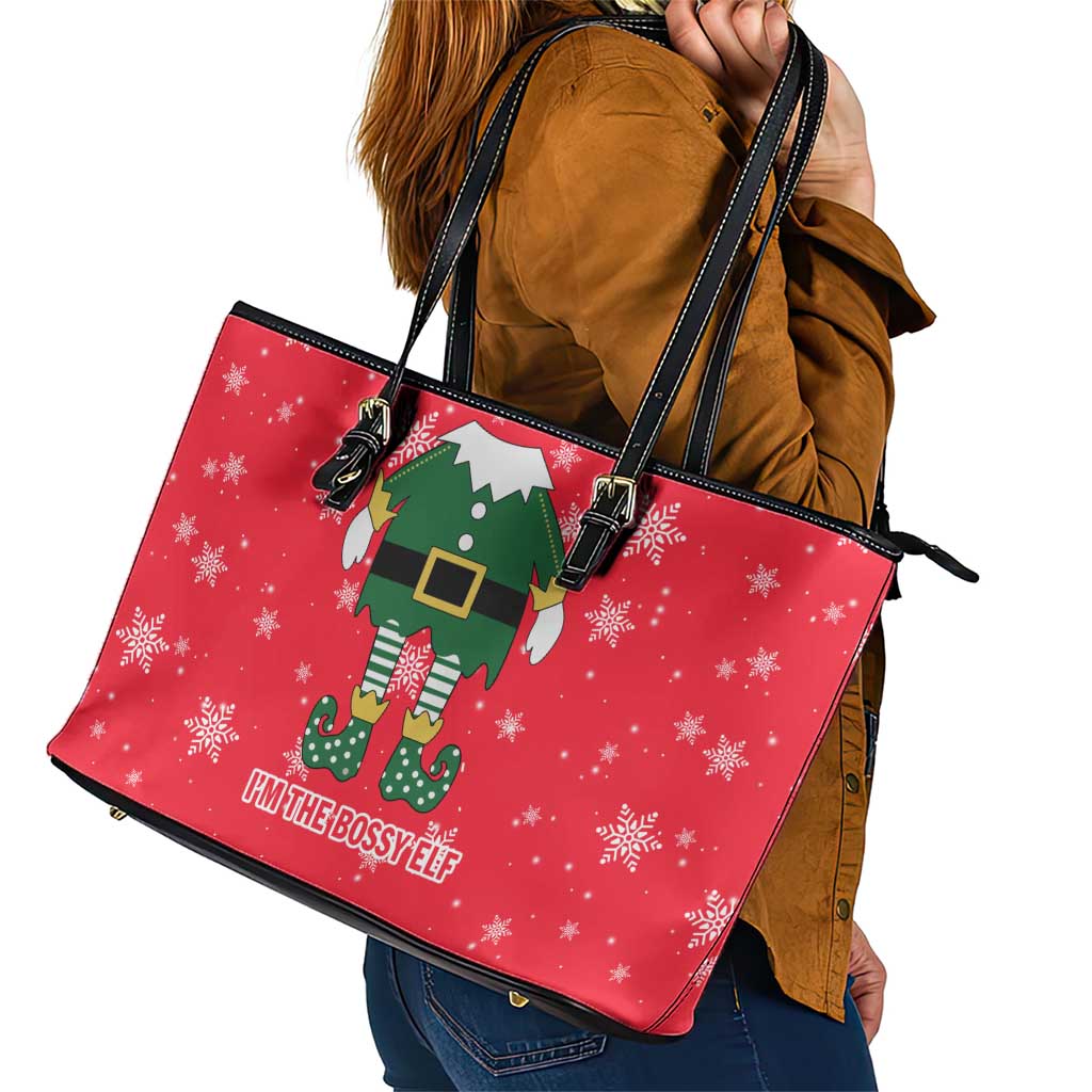 Bossy Elf Christmas Leather Tote Bag with Snowflakes and Striped Sleeves - Wonder Print Shop