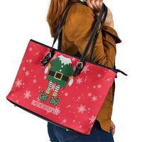 Bossy Elf Christmas Leather Tote Bag with Snowflakes and Striped Sleeves - Wonder Print Shop