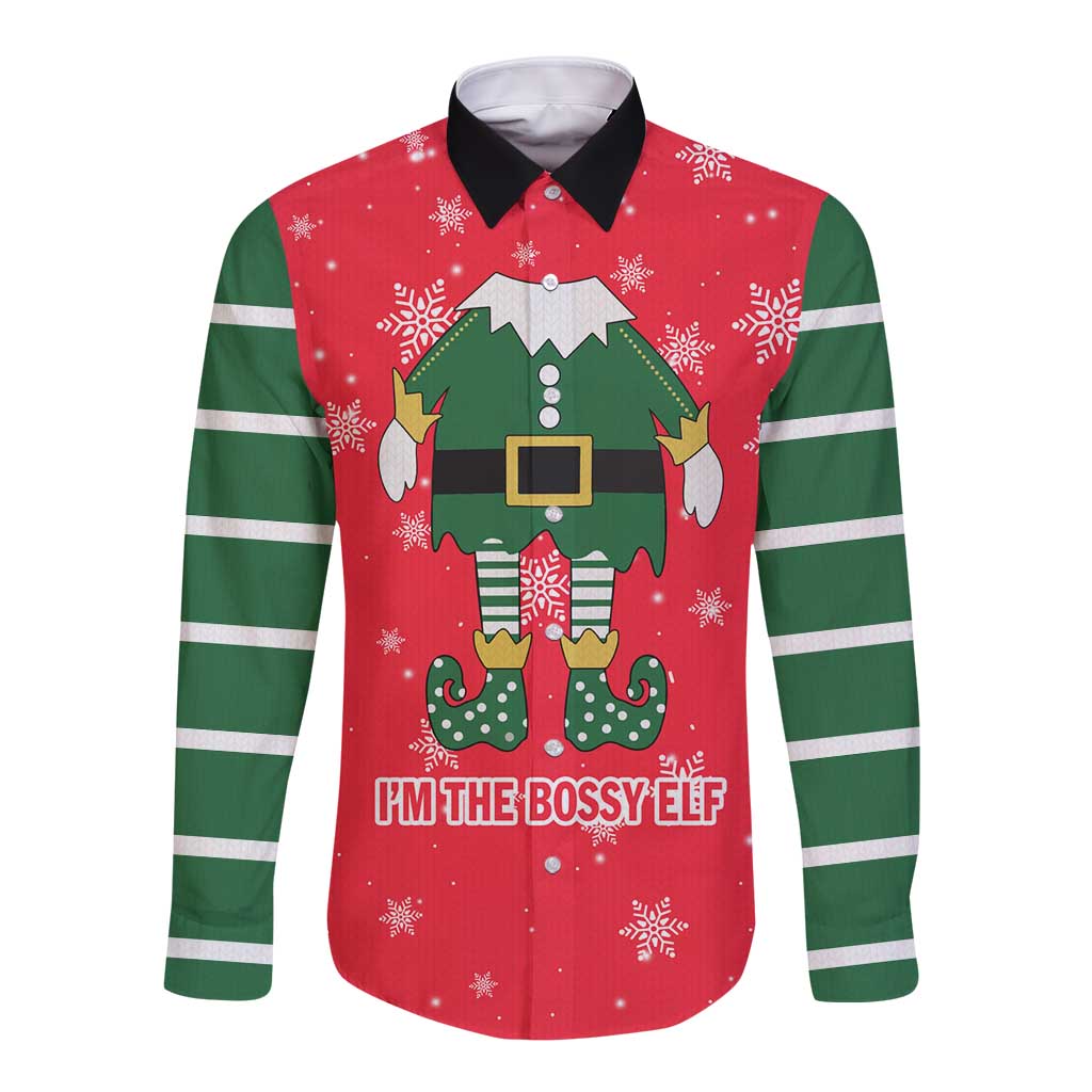 Bossy Elf Christmas Long Sleeve Button Shirt with Snowflakes and Striped Sleeves - Wonder Print Shop