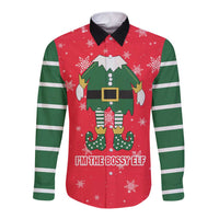 Bossy Elf Christmas Long Sleeve Button Shirt with Snowflakes and Striped Sleeves - Wonder Print Shop