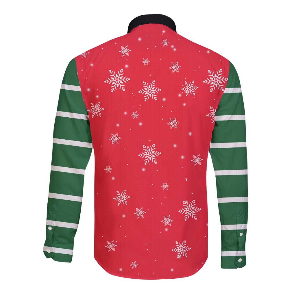 Bossy Elf Christmas Long Sleeve Button Shirt with Snowflakes and Striped Sleeves - Wonder Print Shop