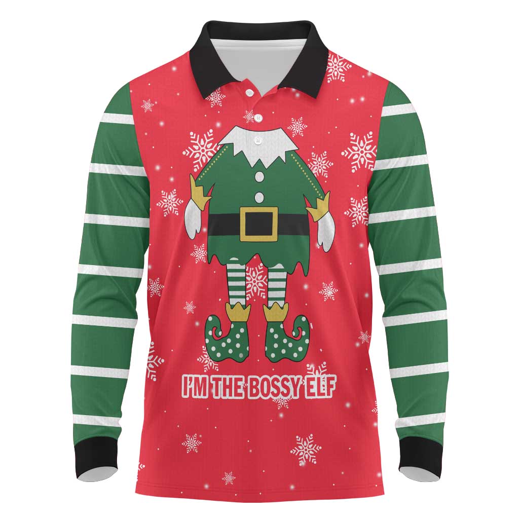 Bossy Elf Christmas Long Sleeve Polo Shirt with Snowflakes and Striped Sleeves - Wonder Print Shop