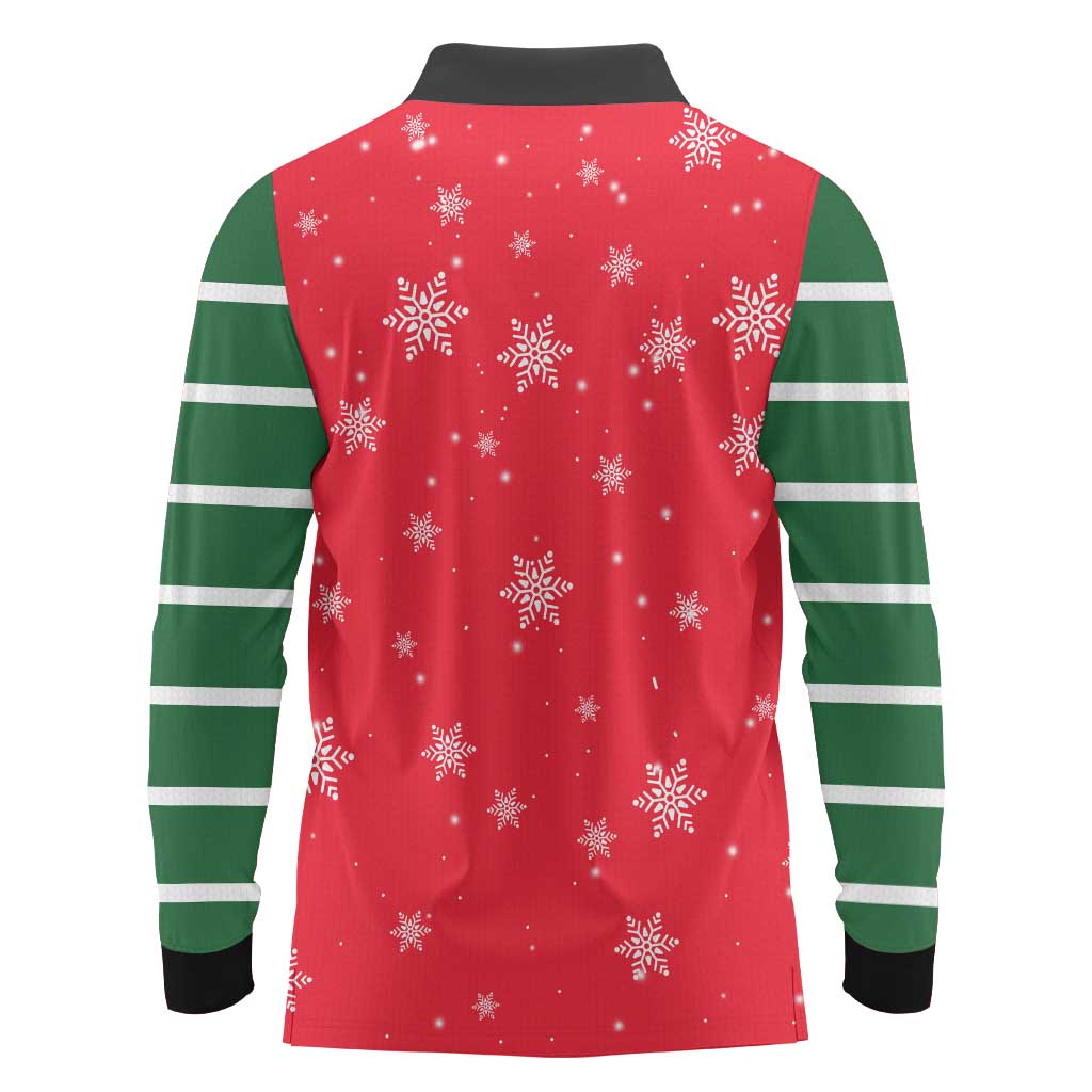 Bossy Elf Christmas Long Sleeve Polo Shirt with Snowflakes and Striped Sleeves - Wonder Print Shop