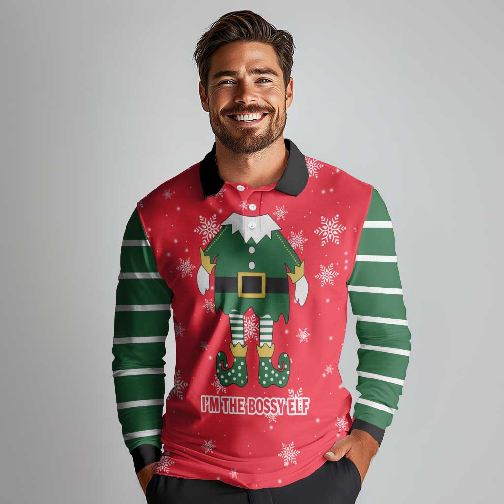 Bossy Elf Christmas Long Sleeve Polo Shirt with Snowflakes and Striped Sleeves - Wonder Print Shop