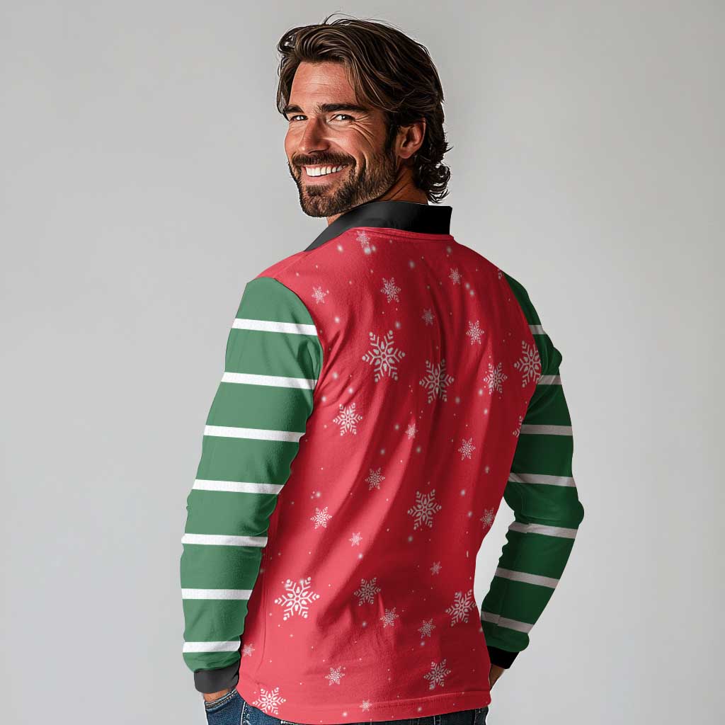 Bossy Elf Christmas Long Sleeve Polo Shirt with Snowflakes and Striped Sleeves - Wonder Print Shop