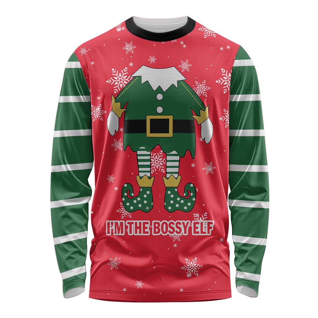 Bossy Elf Christmas Long Sleeve Shirt with Snowflakes and Striped Sleeves - Wonder Print Shop