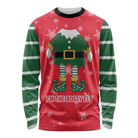 Bossy Elf Christmas Long Sleeve Shirt with Snowflakes and Striped Sleeves - Wonder Print Shop