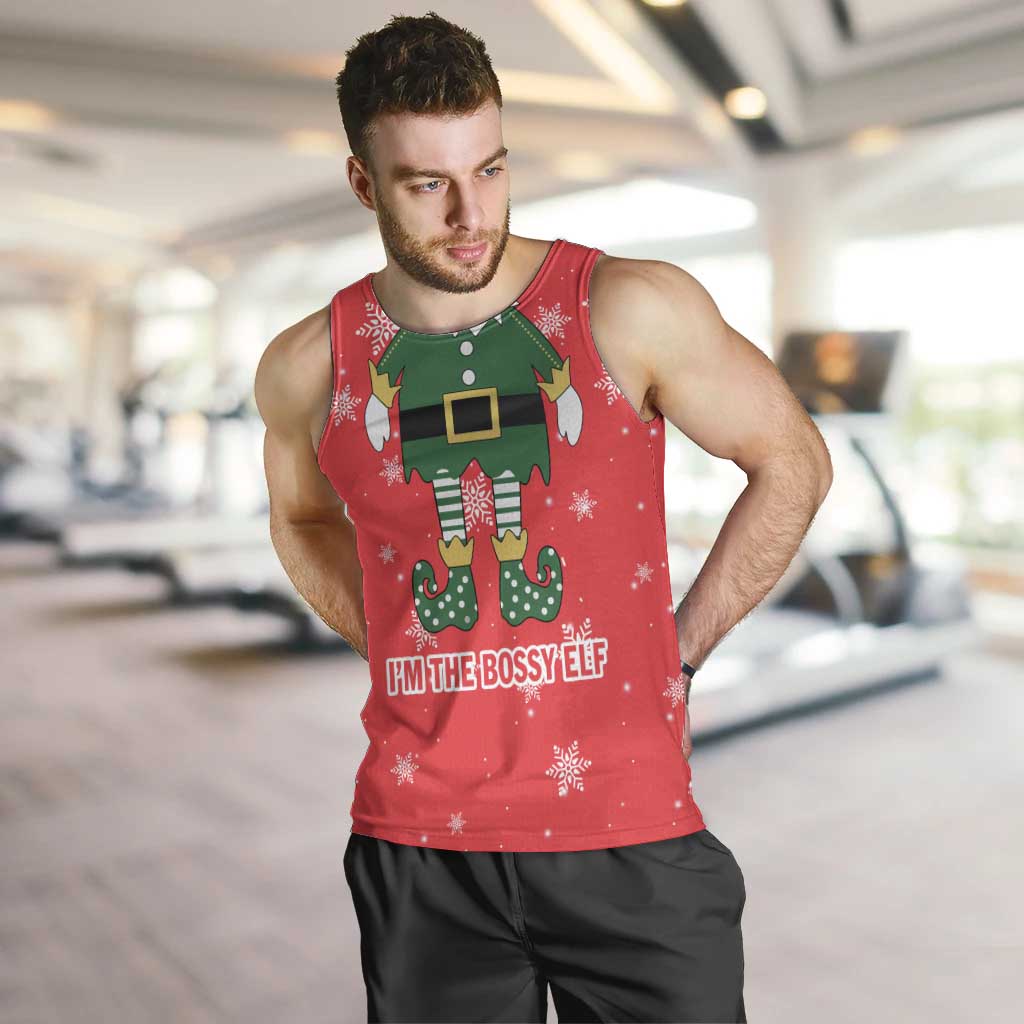 Bossy Elf Christmas Men Tank Top with Snowflakes and Striped Sleeves - Wonder Print Shop