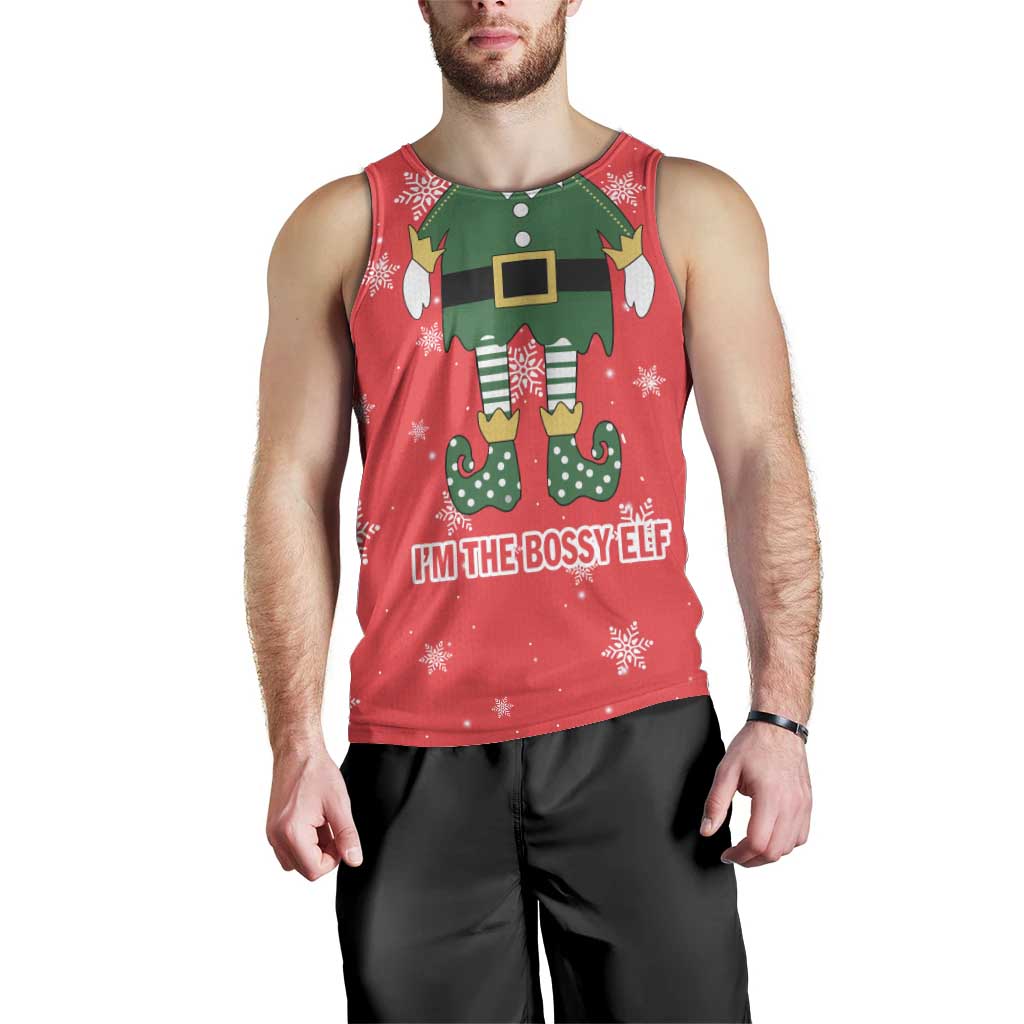 Bossy Elf Christmas Men Tank Top with Snowflakes and Striped Sleeves - Wonder Print Shop