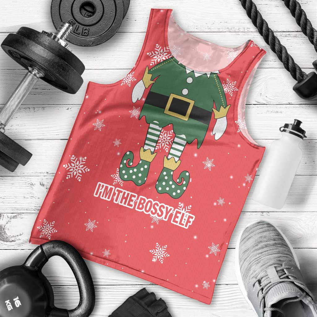 Bossy Elf Christmas Men Tank Top with Snowflakes and Striped Sleeves - Wonder Print Shop