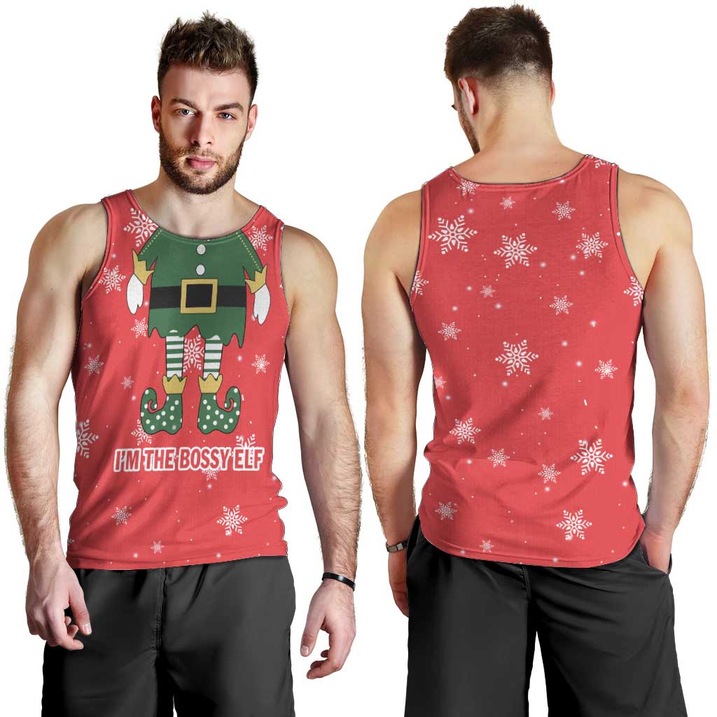 Bossy Elf Christmas Men Tank Top with Snowflakes and Striped Sleeves - Wonder Print Shop