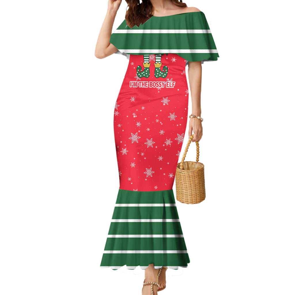 Bossy Elf Christmas Mermaid Dress with Snowflakes and Striped Sleeves - Wonder Print Shop