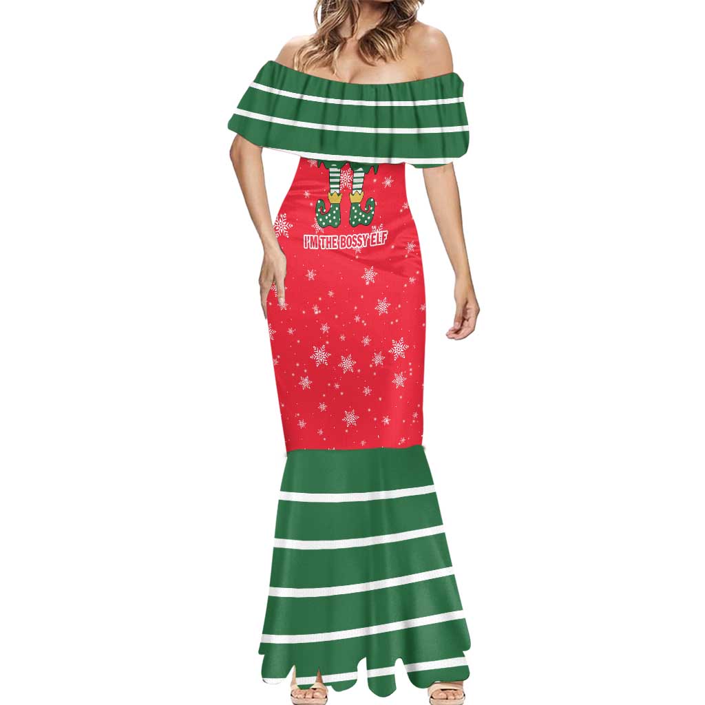 Bossy Elf Christmas Mermaid Dress with Snowflakes and Striped Sleeves - Wonder Print Shop