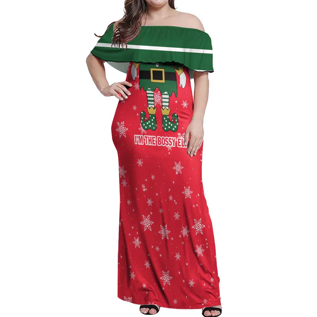 Bossy Elf Christmas Off Shoulder Maxi Dress with Snowflakes and Striped Sleeves - Wonder Print Shop