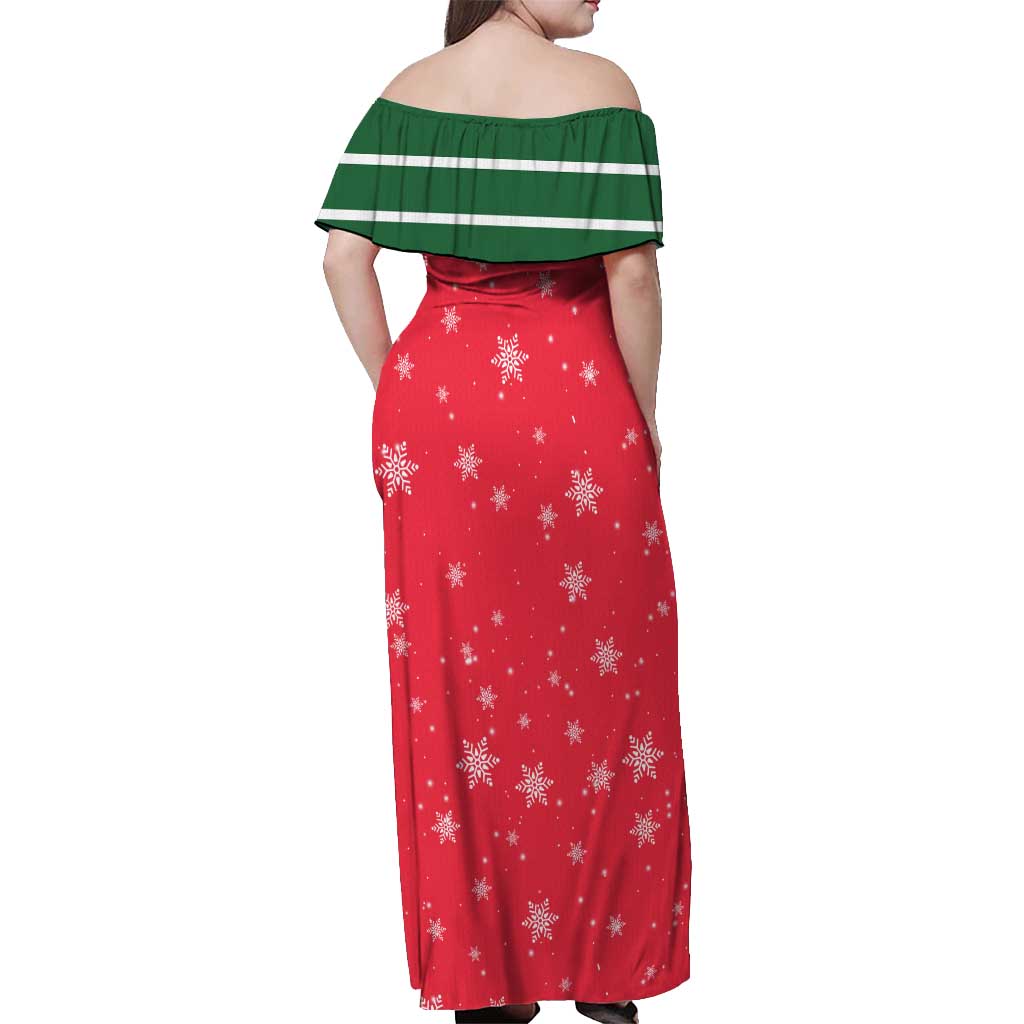 Bossy Elf Christmas Off Shoulder Maxi Dress with Snowflakes and Striped Sleeves - Wonder Print Shop