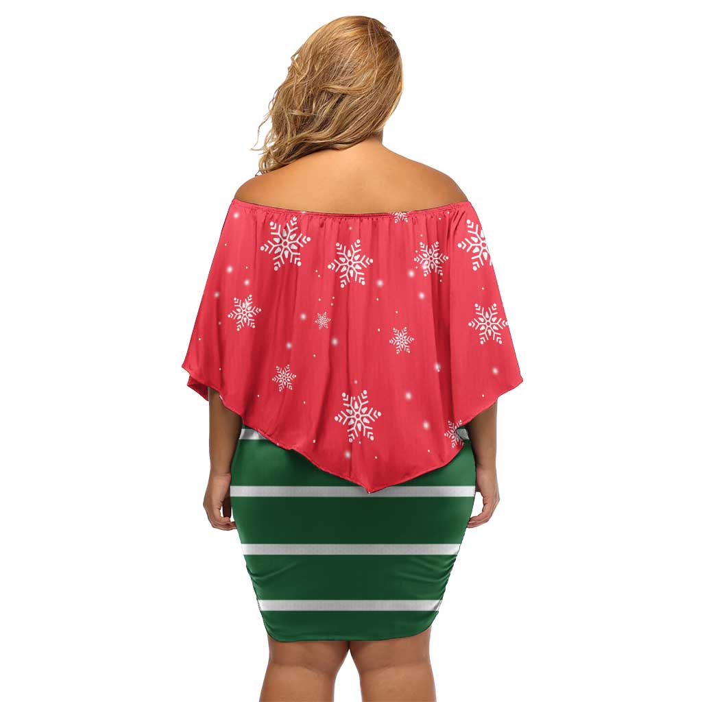 Bossy Elf Christmas Off Shoulder Short Dress with Snowflakes and Striped Sleeves - Wonder Print Shop