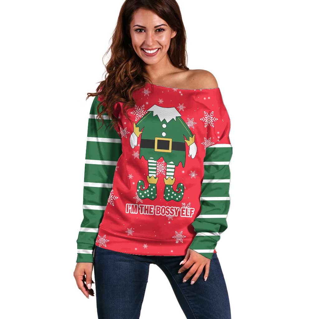 Bossy Elf Christmas Off Shoulder Sweater with Snowflakes and Striped Sleeves - Wonder Print Shop