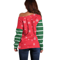 Bossy Elf Christmas Off Shoulder Sweater with Snowflakes and Striped Sleeves - Wonder Print Shop