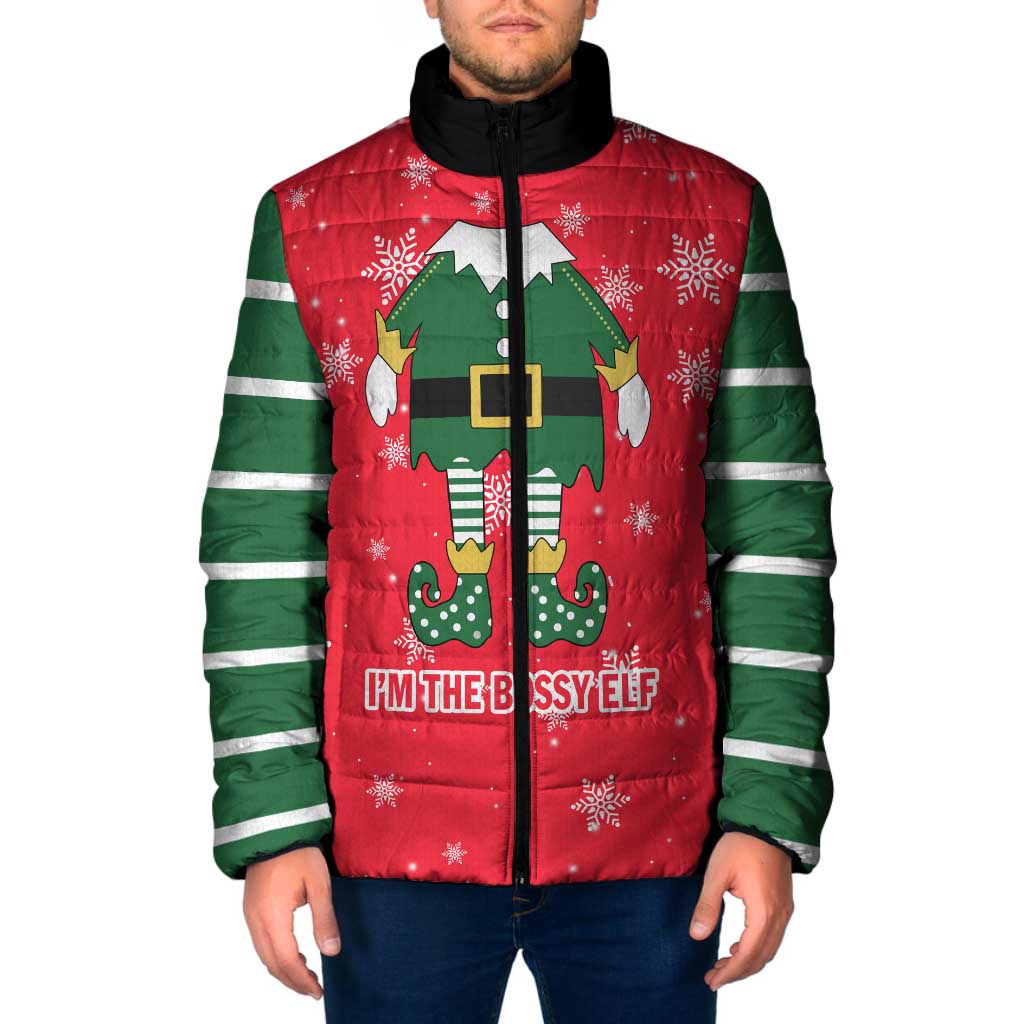 Bossy Elf Christmas Padded Jacket with Snowflakes and Striped Sleeves - Wonder Print Shop