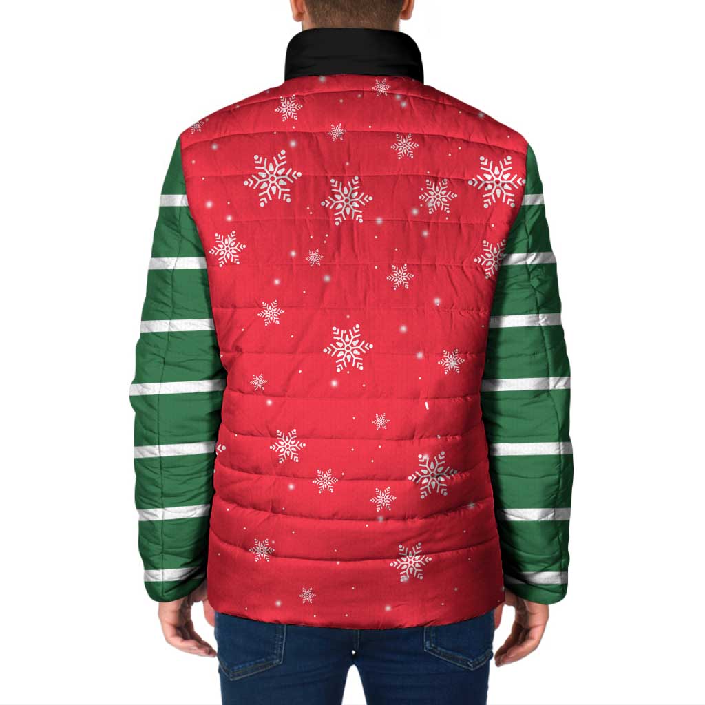 Bossy Elf Christmas Padded Jacket with Snowflakes and Striped Sleeves - Wonder Print Shop