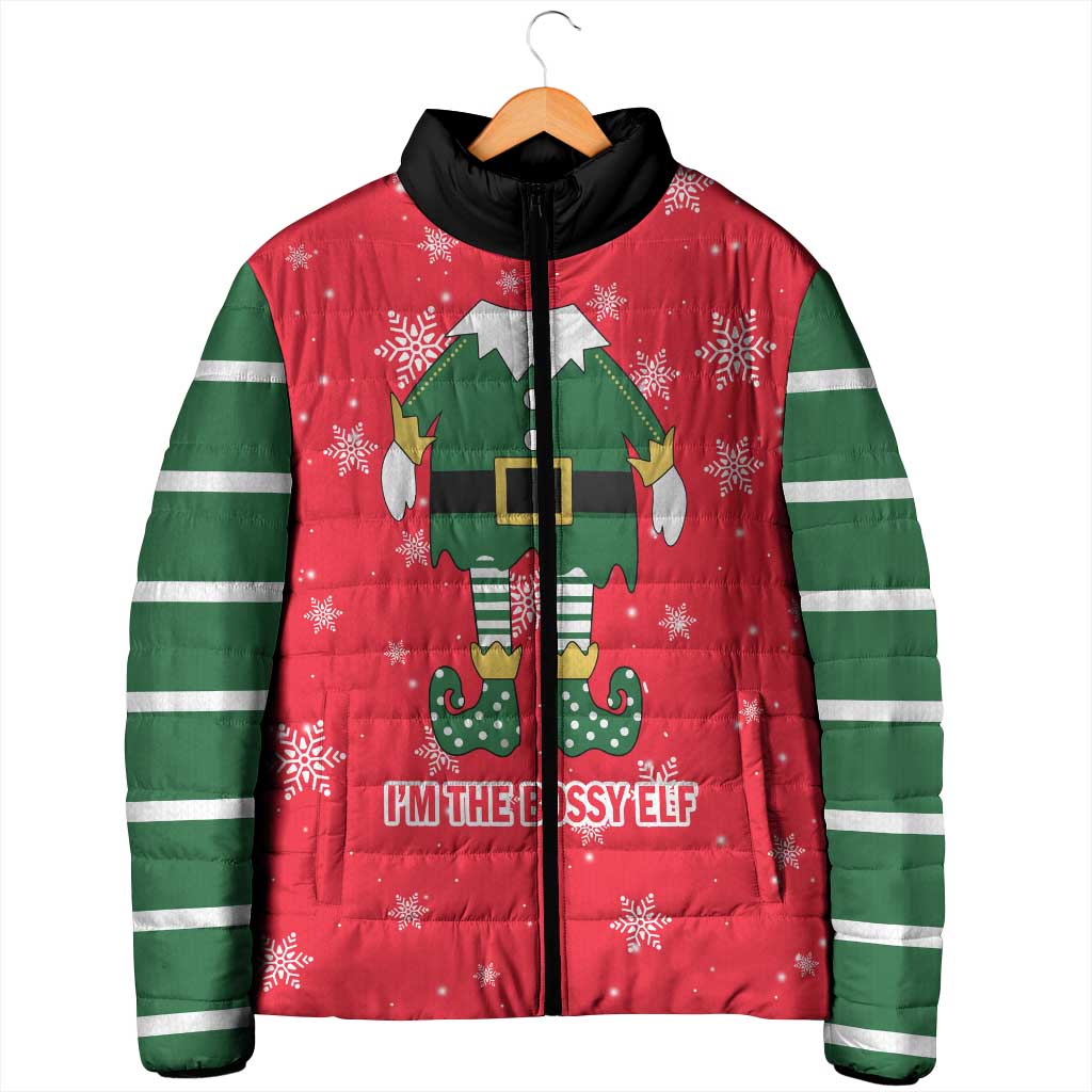 Bossy Elf Christmas Padded Jacket with Snowflakes and Striped Sleeves - Wonder Print Shop