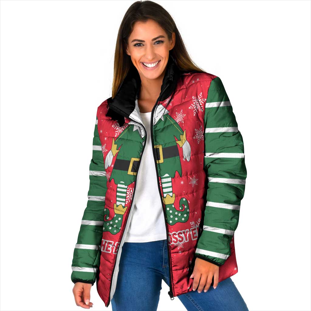 Bossy Elf Christmas Padded Jacket with Snowflakes and Striped Sleeves - Wonder Print Shop