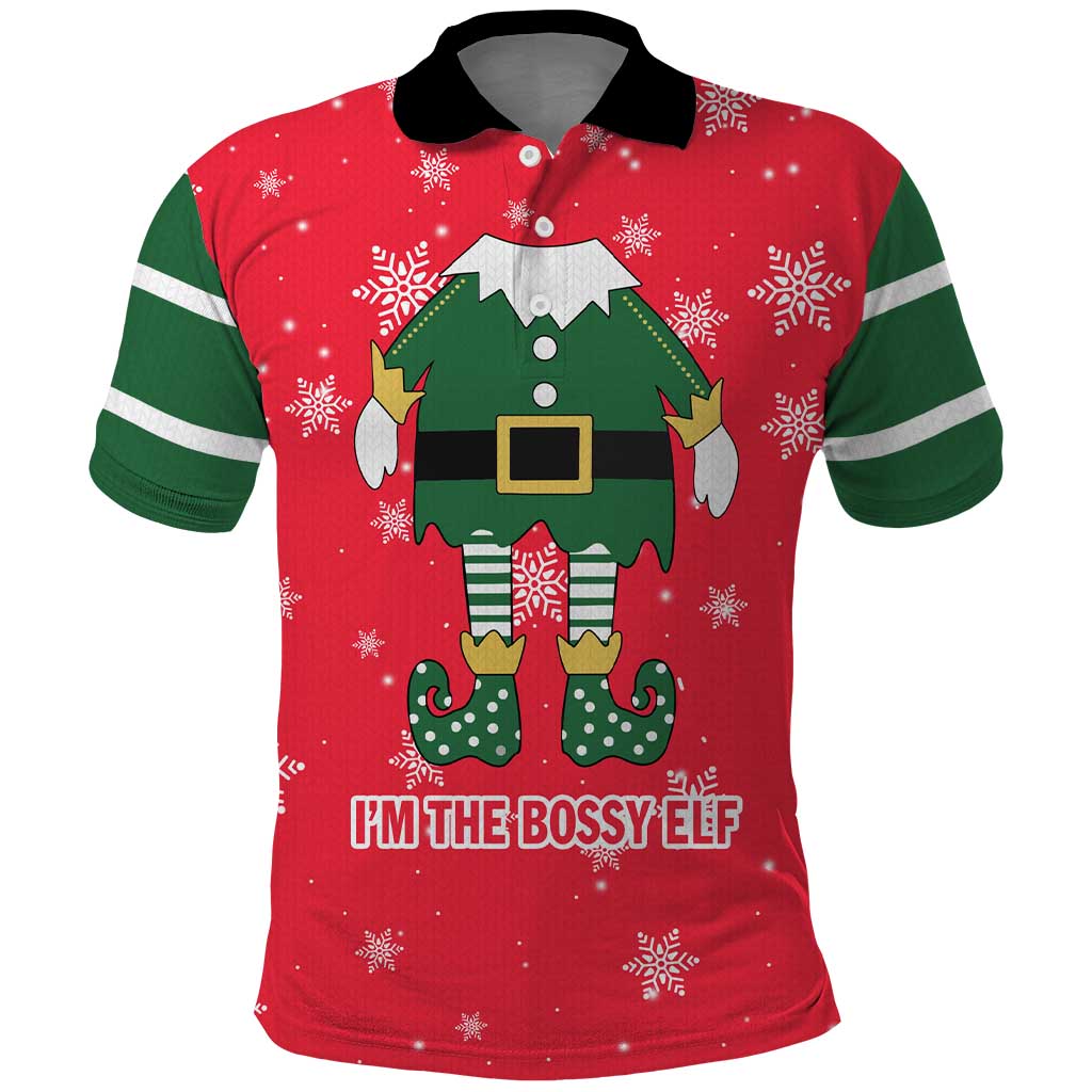 Bossy Elf Christmas Polo Shirt with Snowflakes and Striped Sleeves - Wonder Print Shop
