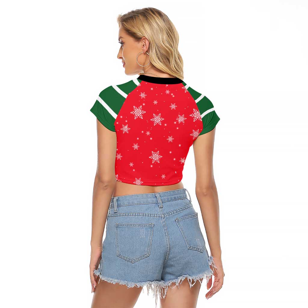 Bossy Elf Christmas Raglan Cropped T Shirt with Snowflakes and Striped Sleeves - Wonder Print Shop