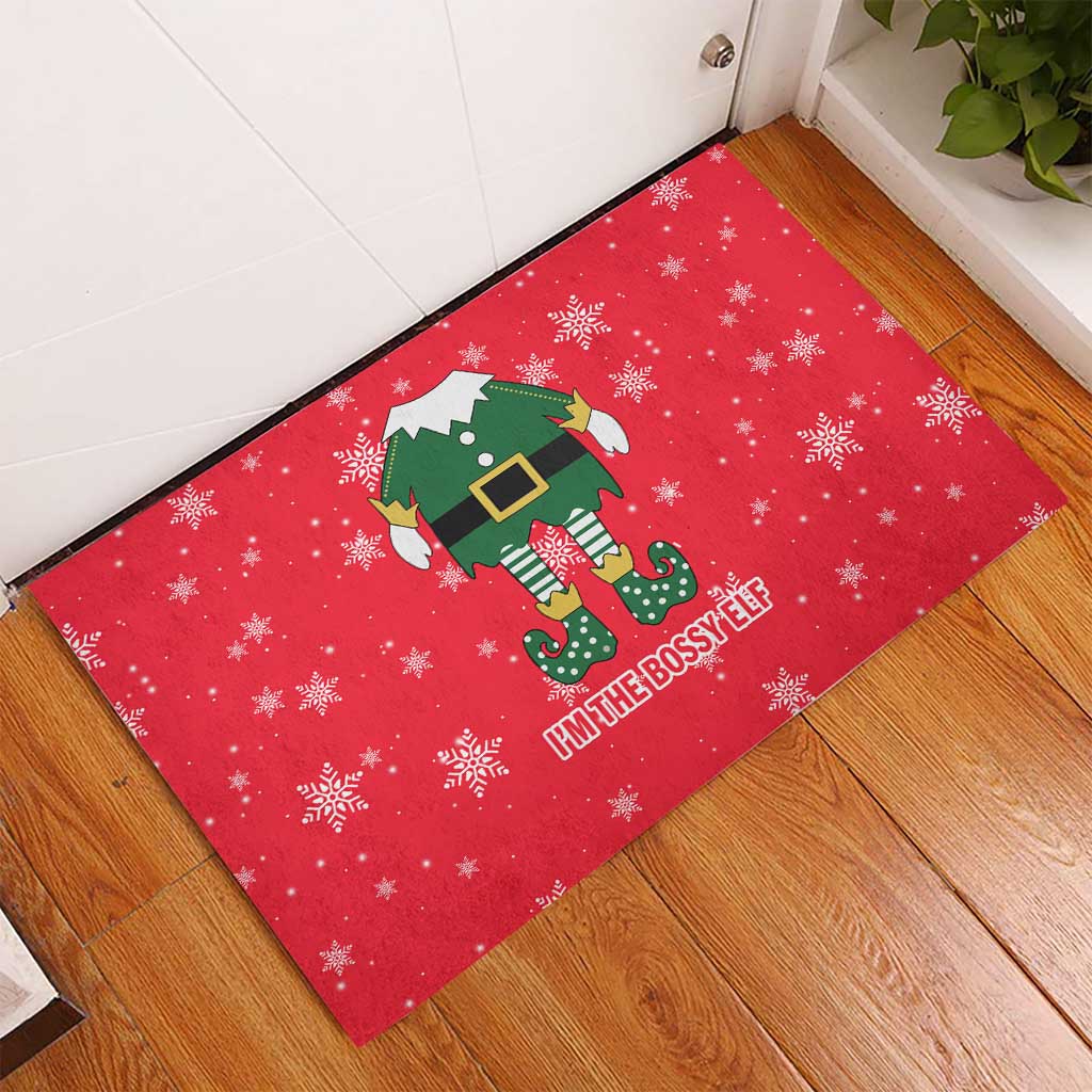 Bossy Elf Christmas Rubber Doormat with Snowflakes and Striped Sleeves - Wonder Print Shop