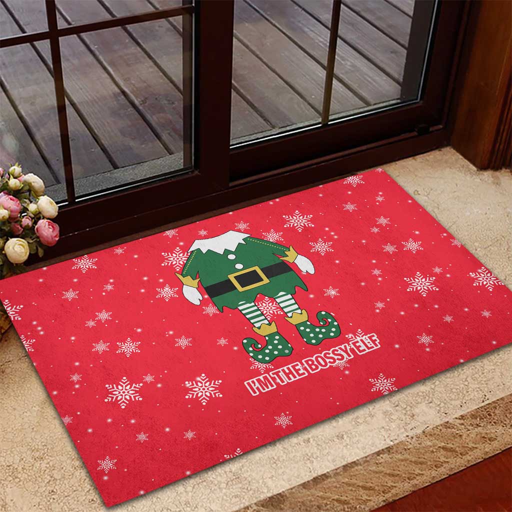 Bossy Elf Christmas Rubber Doormat with Snowflakes and Striped Sleeves - Wonder Print Shop