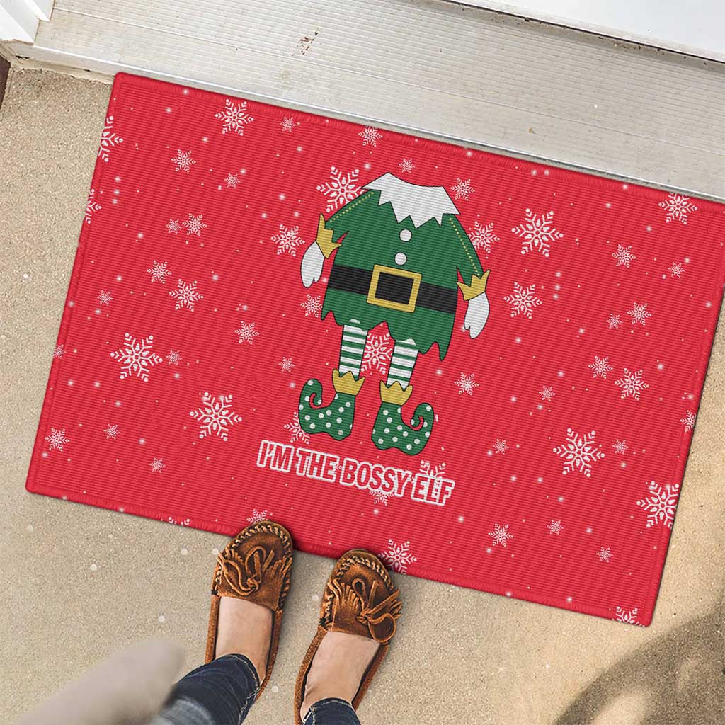 Bossy Elf Christmas Rubber Doormat with Snowflakes and Striped Sleeves - Wonder Print Shop