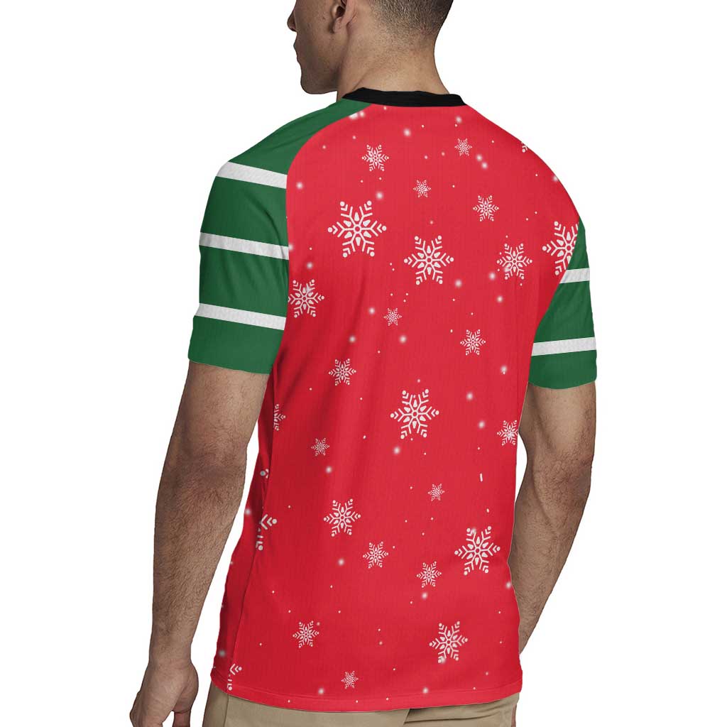 Bossy Elf Christmas Rugby Jersey with Snowflakes and Striped Sleeves - Wonder Print Shop