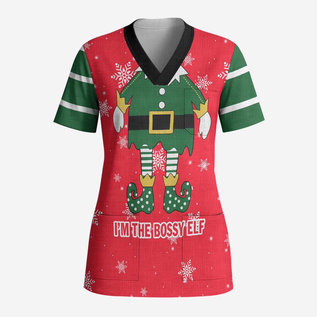Bossy Elf Christmas Scrub Top with Snowflakes and Striped Sleeves - Wonder Print Shop
