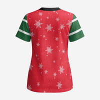 Bossy Elf Christmas Scrub Top with Snowflakes and Striped Sleeves - Wonder Print Shop