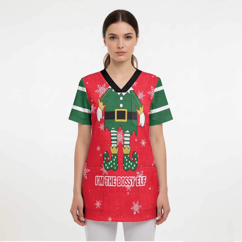 Bossy Elf Christmas Scrub Top with Snowflakes and Striped Sleeves - Wonder Print Shop