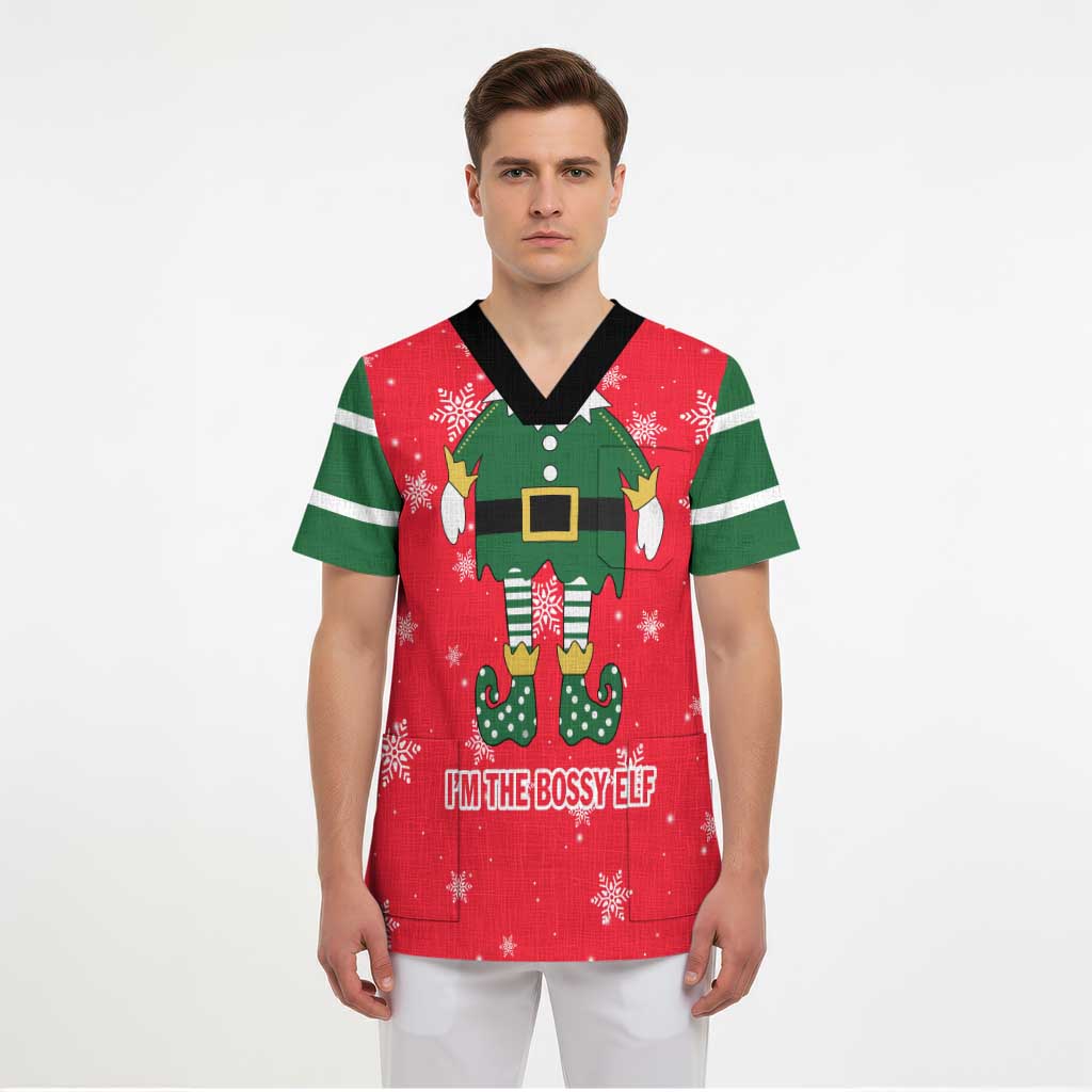 Bossy Elf Christmas Scrub Top with Snowflakes and Striped Sleeves - Wonder Print Shop